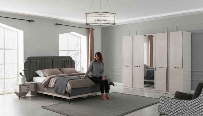 Conjunto de dormitorio moderno Cama doble Mesita de noche Armario de lujo