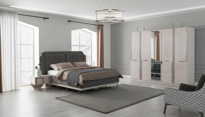 Conjunto de dormitorio moderno Cama doble Mesita de noche Armario de lujo