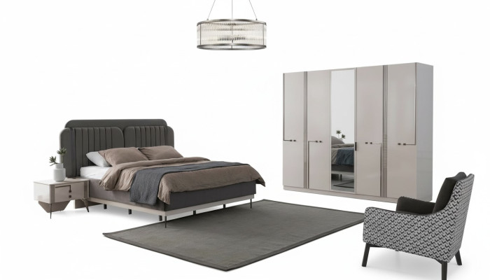 Conjunto de dormitorio moderno Cama doble Mesita de noche Armario de lujo