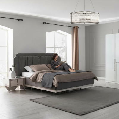 Cama doble gris con muebles de dormitorio modernos, camas de lujo con estructura de madera.