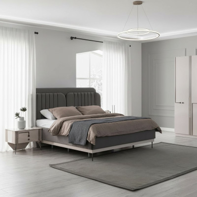 Cama doble gris con muebles de dormitorio modernos, camas de lujo con estructura de madera.