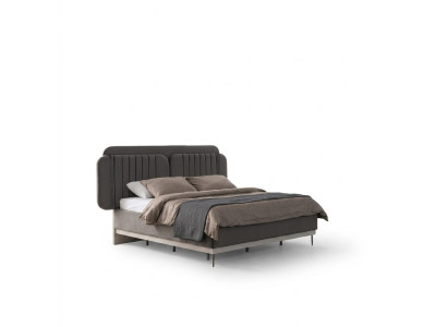 Cama doble gris con muebles de dormitorio modernos, camas de lujo con estructura de madera.