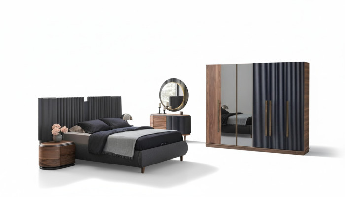 Juego de dormitorio negro y beige con cama doble de diseñador y 2 mesitas de noche.