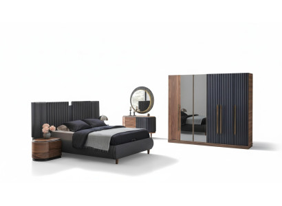 Juego de dormitorio negro y beige con cama doble de diseñador y 2 mesitas de noche.
