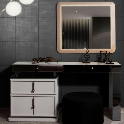 Set de tocador blanco con espejo rectangular de diseñador y taburete acolchado de 3 piezas.