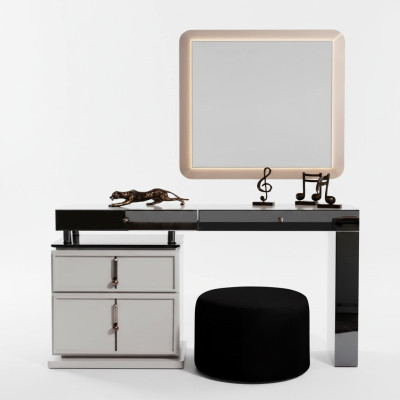 Set de tocador blanco con espejo rectangular de diseñador y taburete acolchado de 3 piezas.