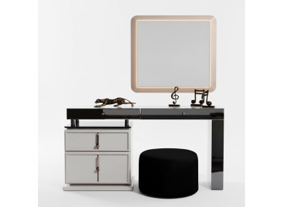 Set de tocador blanco con espejo rectangular de diseñador y taburete acolchado de 3 piezas.