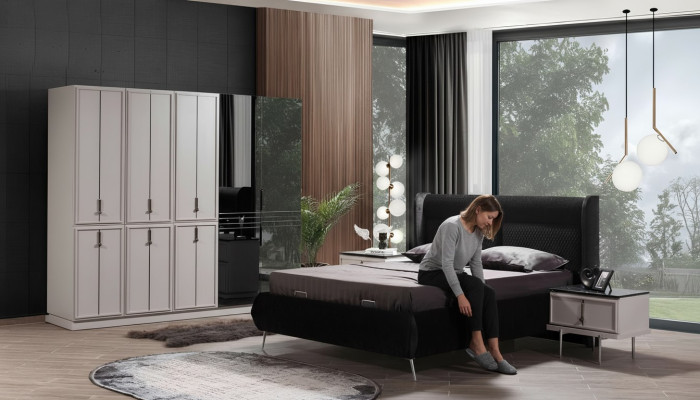 Muebles de dormitorio modernos en blanco y negro: cama tapizada y mesitas de noche, juego de 4 piezas.