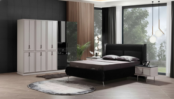 Muebles de dormitorio modernos en blanco y negro: cama tapizada y mesitas de noche, juego de 4 piezas.