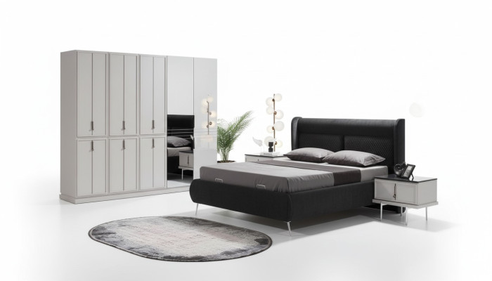 Muebles de dormitorio modernos en blanco y negro: cama tapizada y mesitas de noche, juego de 4 piezas.