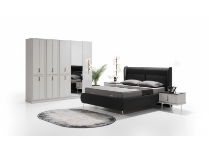 Muebles de dormitorio modernos en blanco y negro: cama tapizada y mesitas de noche, juego de 4 piezas.