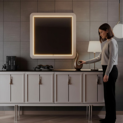 Juego de comedor moderno, aparador marrón, espejo cuadrado, juego de 2 piezas
