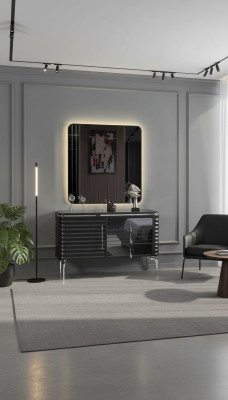 Set de dormitorio negro con tocador de diseñador con espejo LED.
