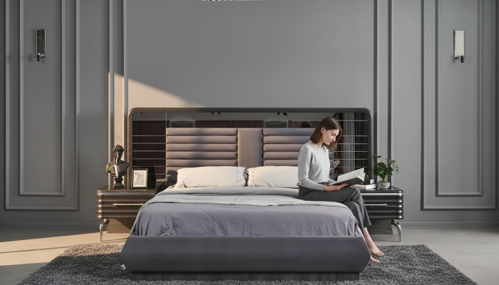 Juego de dormitorio gris cama doble 2 mesitas de noche con cajones