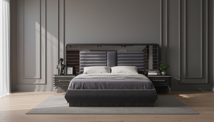 Juego de dormitorio gris cama doble 2 mesitas de noche con cajones