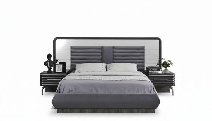 Juego de dormitorio gris cama doble 2 mesitas de noche con cajones
