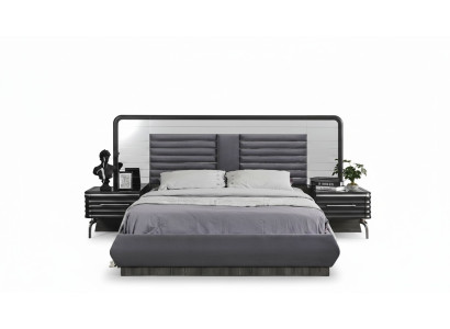 Juego de dormitorio gris cama doble 2 mesitas de noche con cajones