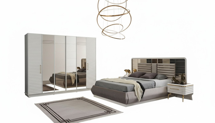 Cama doble moderna 2x mesitas de noche armario conjunto de dormitorio de 4 piezas.