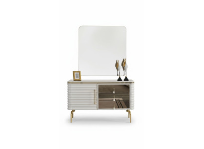 Elegante cómoda blanca con espejo LED redondo, set de dormitorio de 2 piezas.