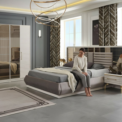 Muebles de dormitorio modernos, cama doble diseñada por diseñadores, 2 mesitas de noche de madera, 3 piezas.