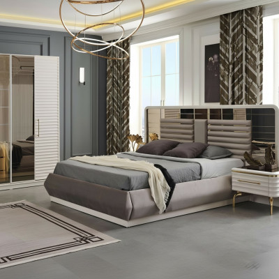 Muebles de dormitorio modernos, cama doble diseñada por diseñadores, 2 mesitas de noche de madera, 3 piezas.
