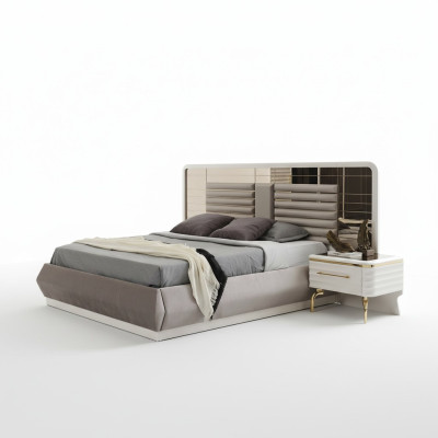 Muebles de dormitorio modernos, cama doble diseñada por diseñadores, 2 mesitas de noche de madera, 3 piezas.