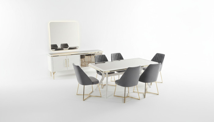 Conjunto de comedor gris y blanco compuesto por mesa de madera, 6 sillas de tela y aparador de 9 piezas.