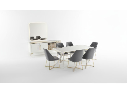 Conjunto de comedor gris y blanco compuesto por mesa de madera, 6 sillas de tela y aparador de 9 piezas.
