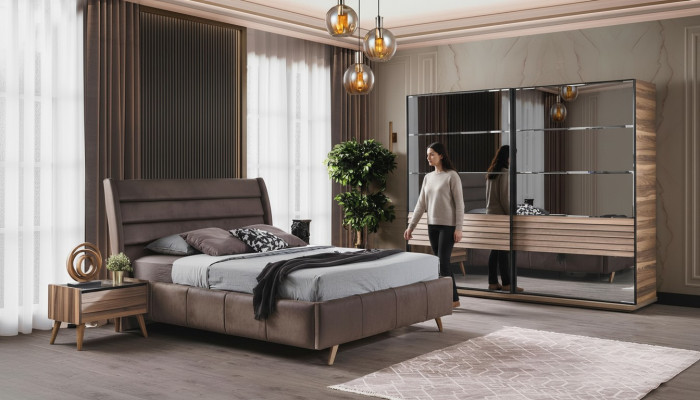 Muebles de dormitorio modernos cama doble tapizada madera mesitas de noche armario