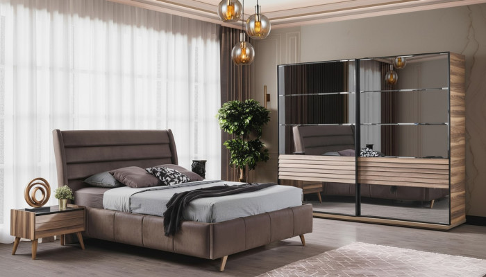 Muebles de dormitorio modernos cama doble tapizada madera mesitas de noche armario