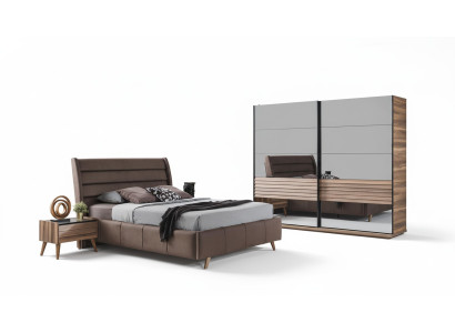 Muebles de dormitorio modernos cama doble tapizada madera mesitas de noche armario
