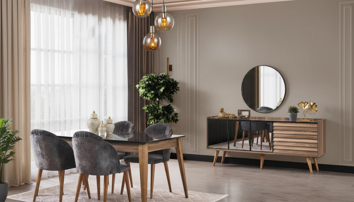 Conjunto completo de comedor marrón Mesa comedor 4 sillas Aparador 7 piezas