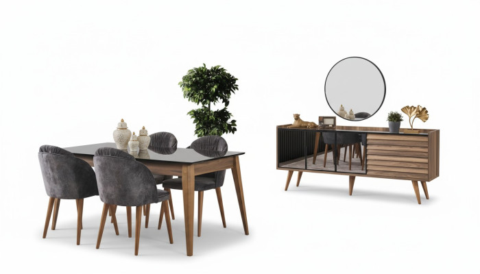Conjunto completo de comedor marrón Mesa comedor 4 sillas Aparador 7 piezas