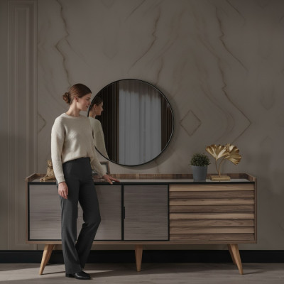 Conjunto de comedor marrón, aparador elegante, espejo redondo, muebles de madera 2 piezas.