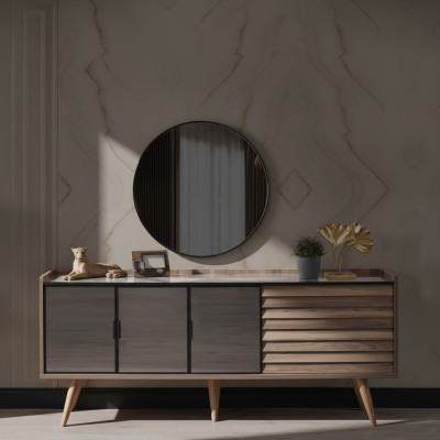 Conjunto de comedor marrón, aparador elegante, espejo redondo, muebles de madera 2 piezas.