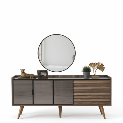 Conjunto de comedor marrón, aparador elegante, espejo redondo, muebles de madera 2 piezas.