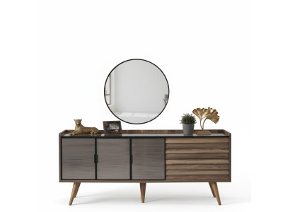 Conjunto de comedor marrón, aparador elegante, espejo redondo, muebles de madera 2 piezas.