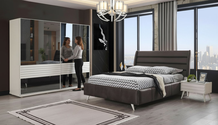 Dormitorio Muebles Vitrina de vidrio Cama doble de diseñador Madera Mesitas de noche 4 piezas