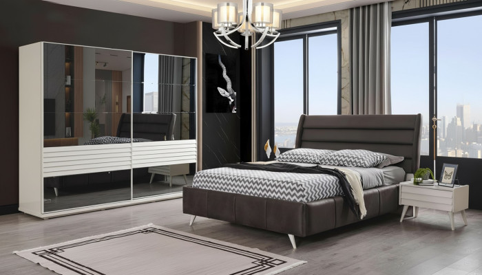 Dormitorio Muebles Vitrina de vidrio Cama doble de diseñador Madera Mesitas de noche 4 piezas