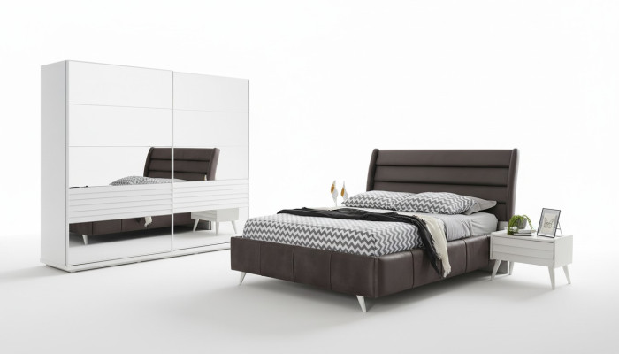 Dormitorio Muebles Vitrina de vidrio Cama doble de diseñador Madera Mesitas de noche 4 piezas