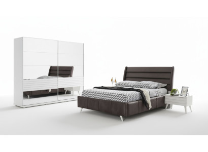 Dormitorio Muebles Vitrina de vidrio Cama doble de diseñador Madera Mesitas de noche 4 piezas