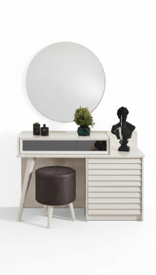 Mesa de tocador blanca con cajones, sillón redondo, consola, lujo, taburete tapizado, 3 piezas