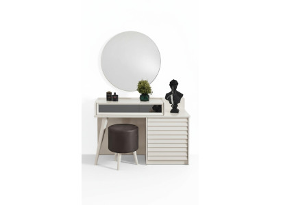 Mesa de tocador blanca con cajones, sillón redondo, consola, lujo, taburete tapizado, 3 piezas