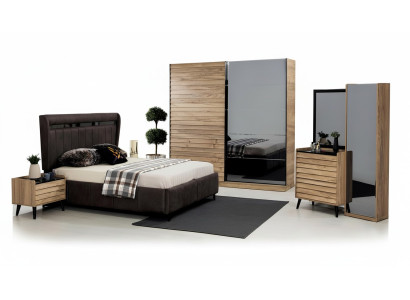 Muebles de dormitorio diseñador Cama tapizada 2 mesitas de noche Armario