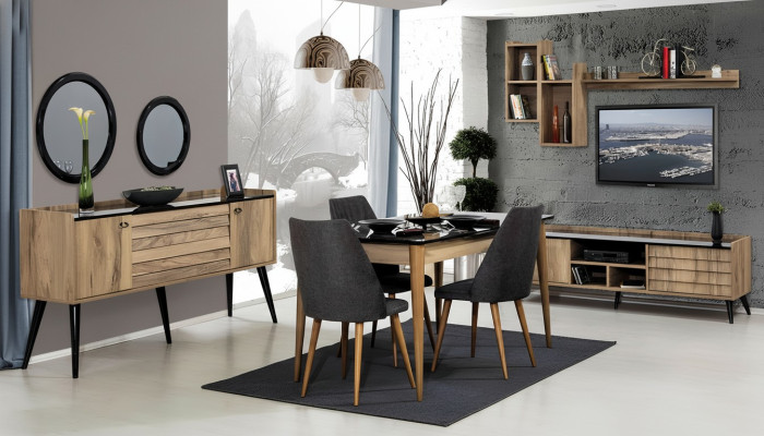Set de comedor negro-marrón Mesa 4 sillas Aparador Espejo 8 piezas
