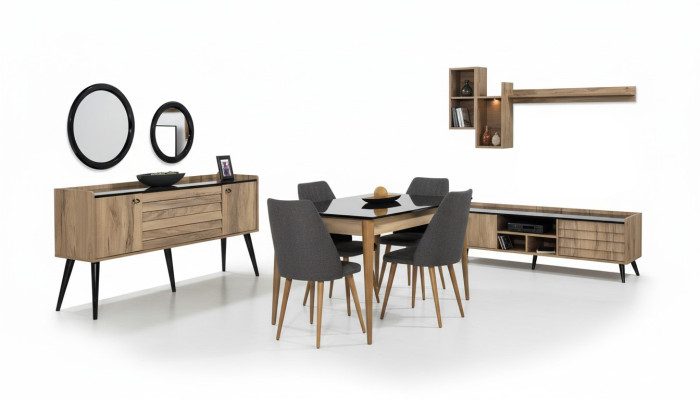 Set de comedor negro-marrón Mesa 4 sillas Aparador Espejo 8 piezas