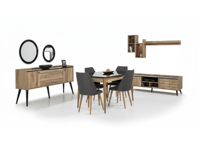 Set de comedor negro-marrón Mesa 4 sillas Aparador Espejo 8 piezas