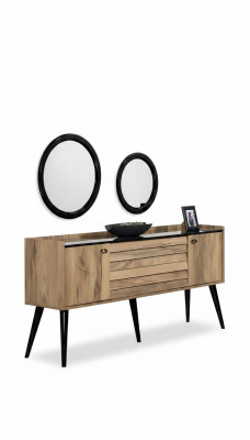 Juego de muebles de comedor de diseñador de madera marrón claro con aparador de vidrio y espejo.