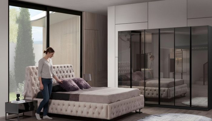 Juego de dormitorio de lujo, muebles de diseñador, cama de lujo, armario de madera.