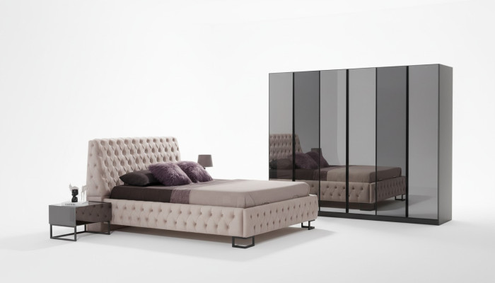 Juego de dormitorio de lujo, muebles de diseñador, cama de lujo, armario de madera.